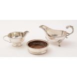 Silver cream jug, plated sauce boat and coaster.