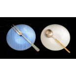 A pair of enamelled silver dishes, by J. Tostrup, a spoon and pickle fork