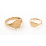 Two 9ct yellow gold signet rings,