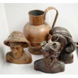 19th C copper pitcher; and a selection of Asian carved hardwood busts.