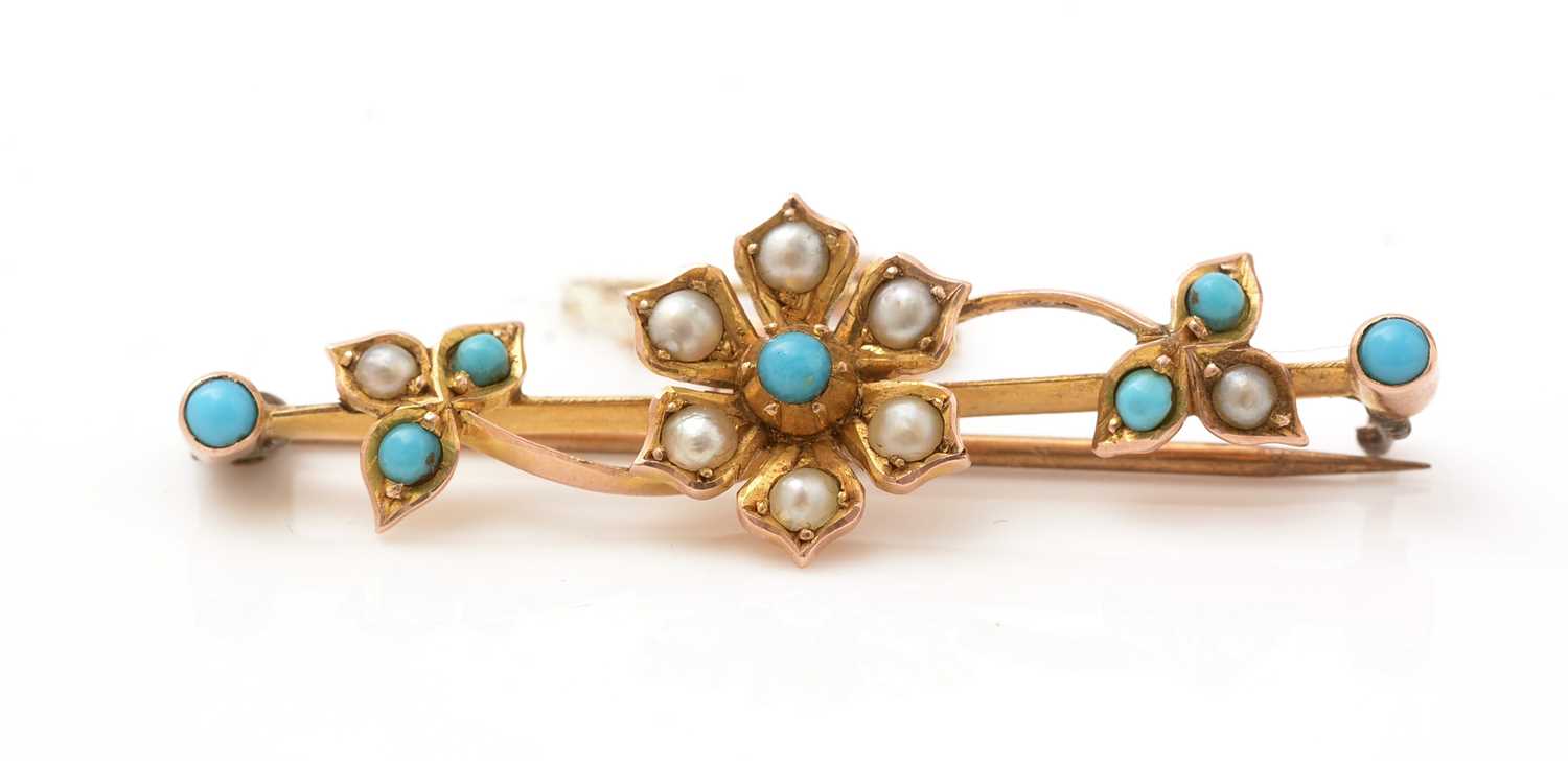 A Victorian half pearl and turquoise cabochon floral pattern bar brooch,