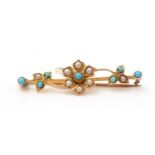 A Victorian half pearl and turquoise cabochon floral pattern bar brooch,