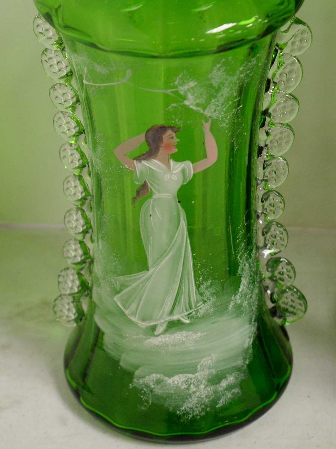 A Victorian green glass lustre, together with a pair of green and clear glass vases. - Image 2 of 2