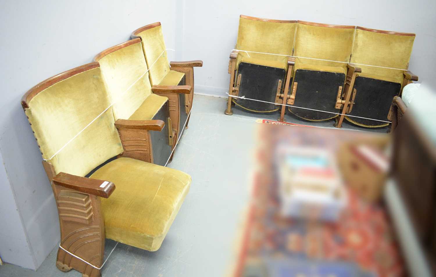 Two sets of three Art Deco folding Cinema or theatre seats.