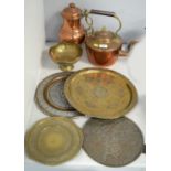 Chinese hand mirror; and assorted copper/trays, etc.
