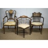 Three decorative Edwardian mahogany and bone/marquetry Inlaid salon chairs.