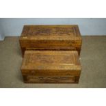 Two Chinese carved camphorwood blanket boxes.