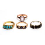 A turquoise ring; a sapphire and pearl ring; and two others.