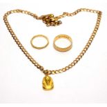 Two 18ct yellow gold rings, and a chain with pendant