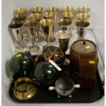 A composite set of Spanish silver plated wine goblets; and a selection of metal and glass wares.