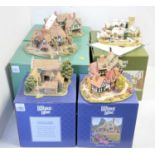 A collection of five Lilliput Lane collectible architectural sculptures.