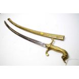 A brass sword with lions head handle, in brass scabbard.