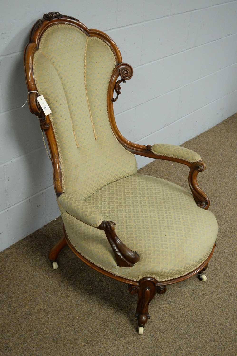 An ornate Victorian walnut open arm easy chair. - Bild 3 aus 5