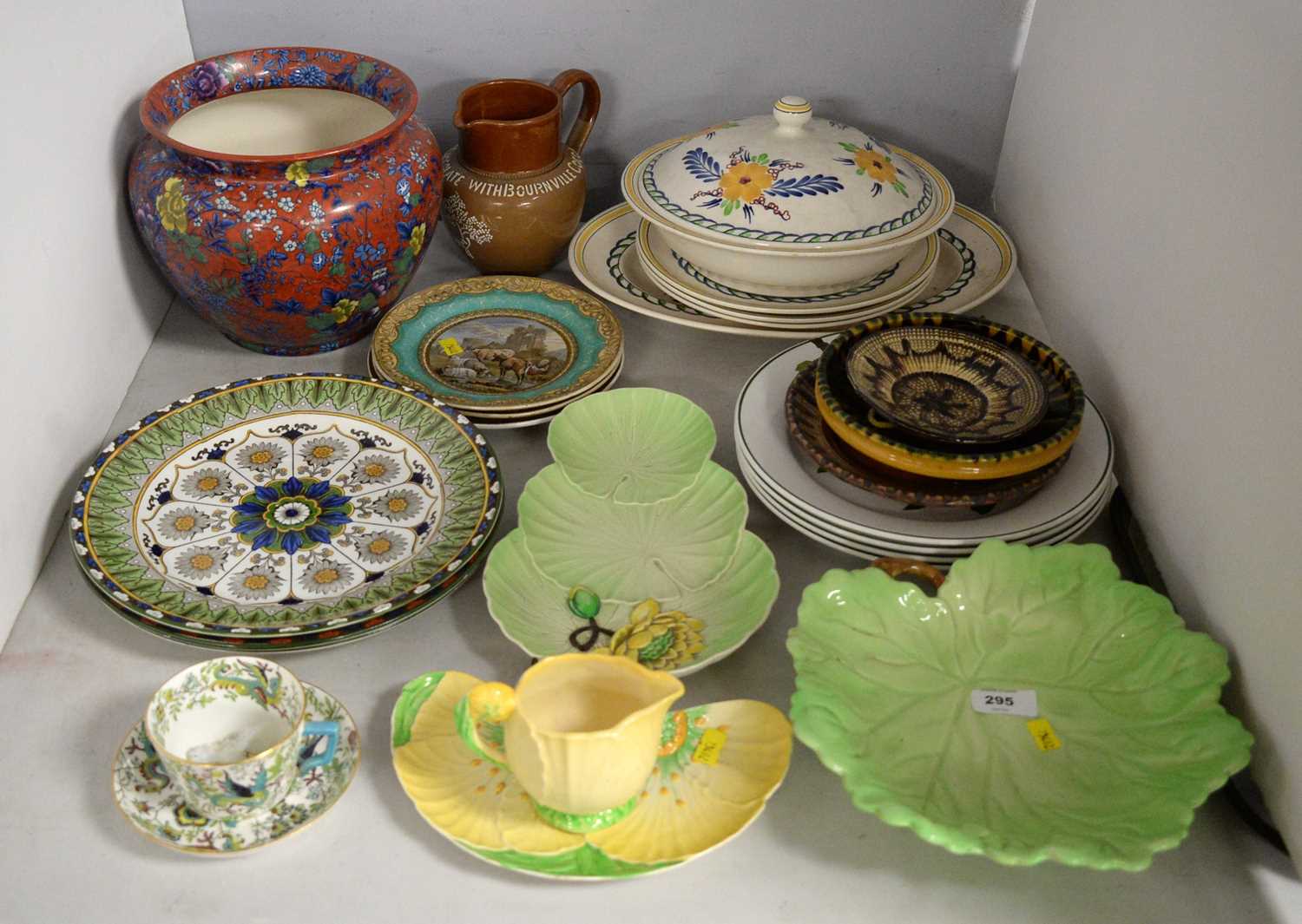 A selection of colourful decorative ceramic wares.