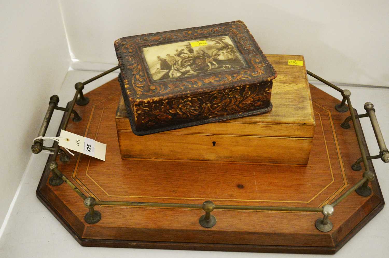 Edwardian tea tray; carved wood trinket box; and a stationery box.