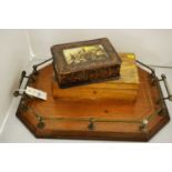 Edwardian tea tray; carved wood trinket box; and a stationery box.