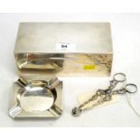 Silver cigarette box and ashtray and sugar tongs