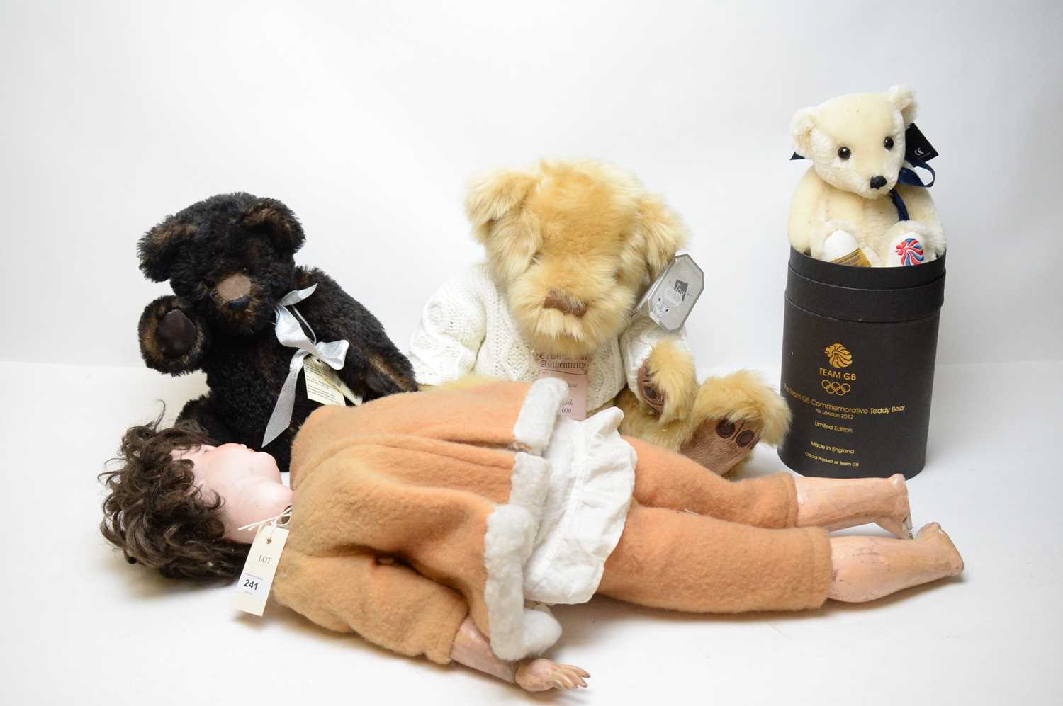A selection of collectors' teddy bears; and a doll.