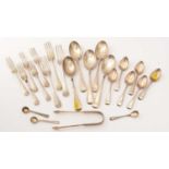 A selection of silver spoons, forks and sugar tongs,