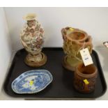 A selection of Oriental wares; and two wood stands.