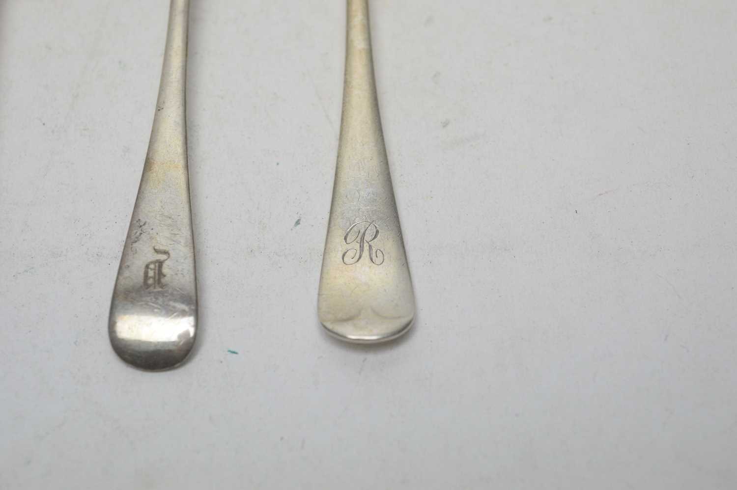 Five silver dessert spoons and a fork, - Image 2 of 5