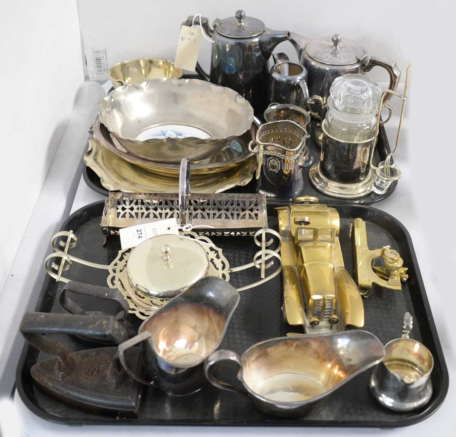 A selection of silver plated and brass wares.