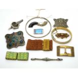 A selection of silver and other brooches, and other items