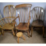 Three chairs, various; and a stool.