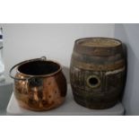 19th C copper cauldron; a barrel; and a planter.