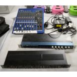 Yamaha mixing console; six-channel headphone amplifier; and a recording interface.