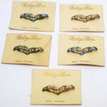 Five silver and enamel Arts and Crafts pattern brooches,