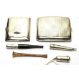 Two silver cigarette cases and various cheroot holders