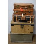 A vintage blanket box; vintage travelling trunk; and three vintage cases.