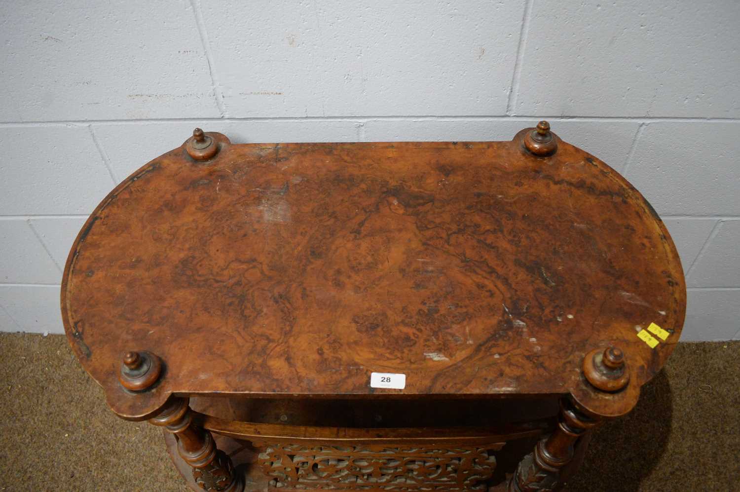 A Victorian walnut and burr walnut carved Canterbury. - Image 4 of 6
