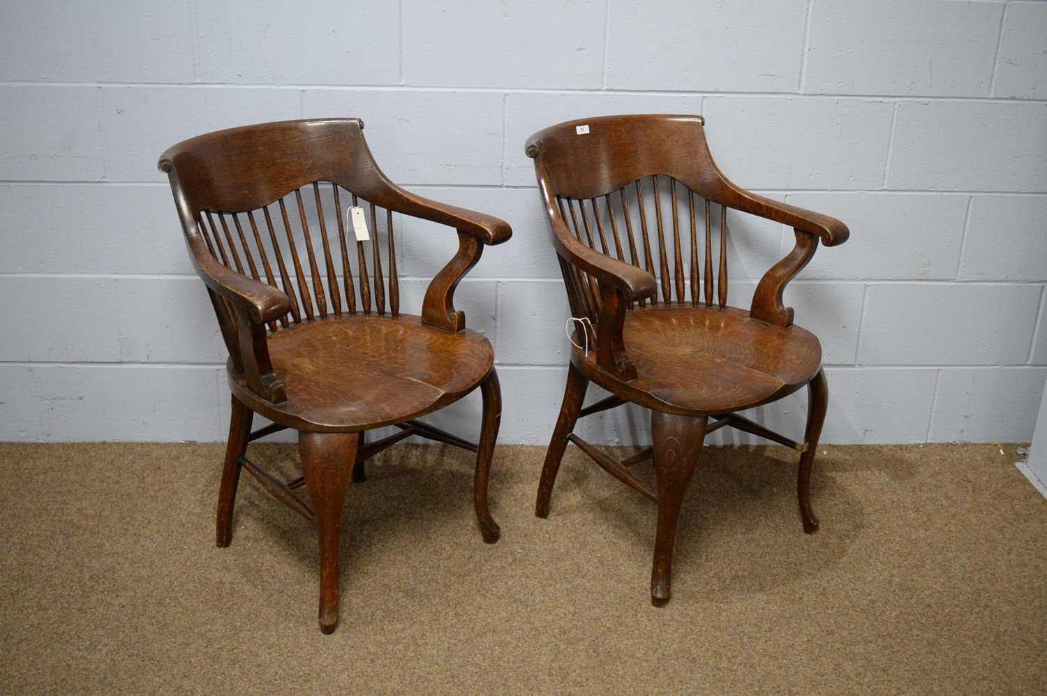 A pair of early 20th Century oak bow-back smokers chairs. - Image 2 of 5