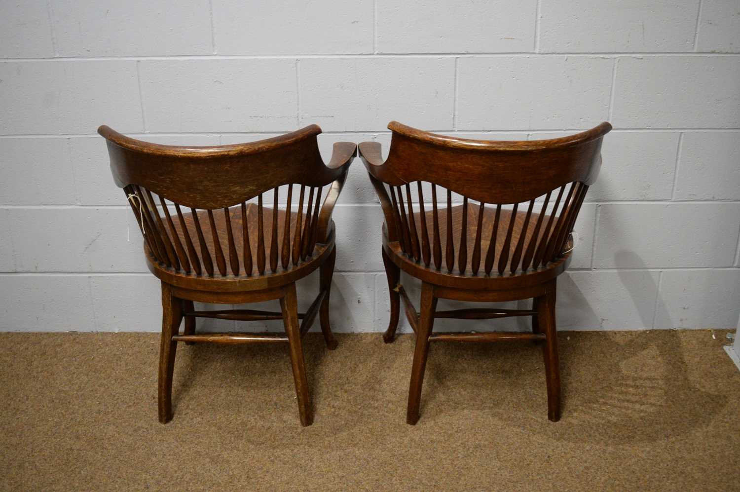 A pair of early 20th Century oak bow-back smokers chairs. - Image 5 of 5