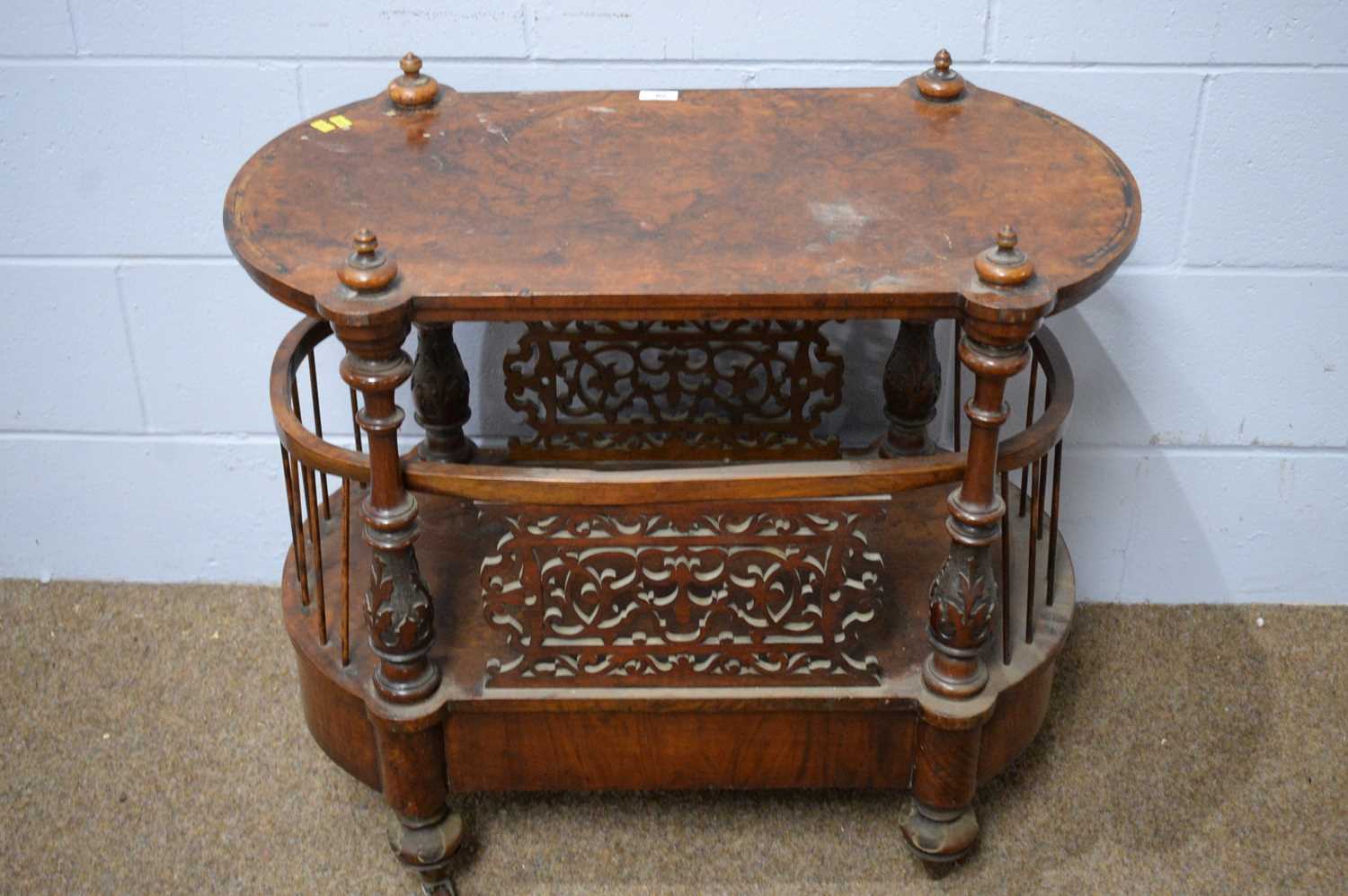 A Victorian walnut and burr walnut carved Canterbury. - Image 6 of 6