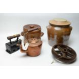 A selection of stoneware, wood and metal wares