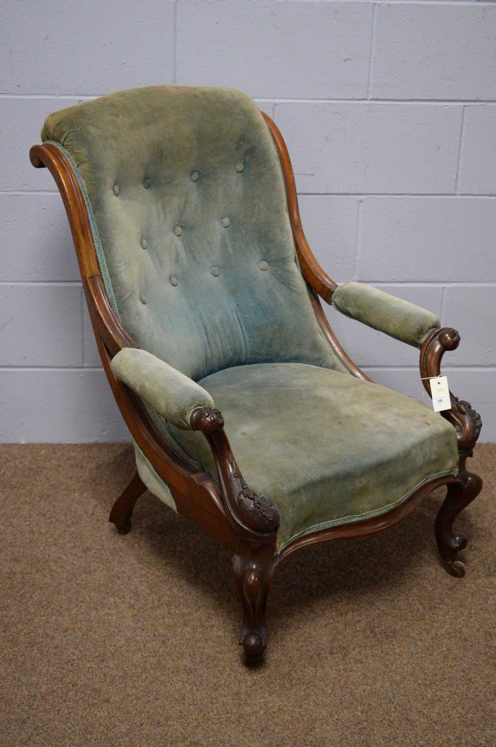 A Victorian carved mahogany and button back open armchair - Image 2 of 6