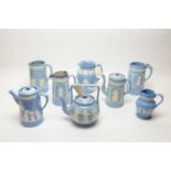 A selection of Dudson sprigged smear glazed stoneware in pale-blue.