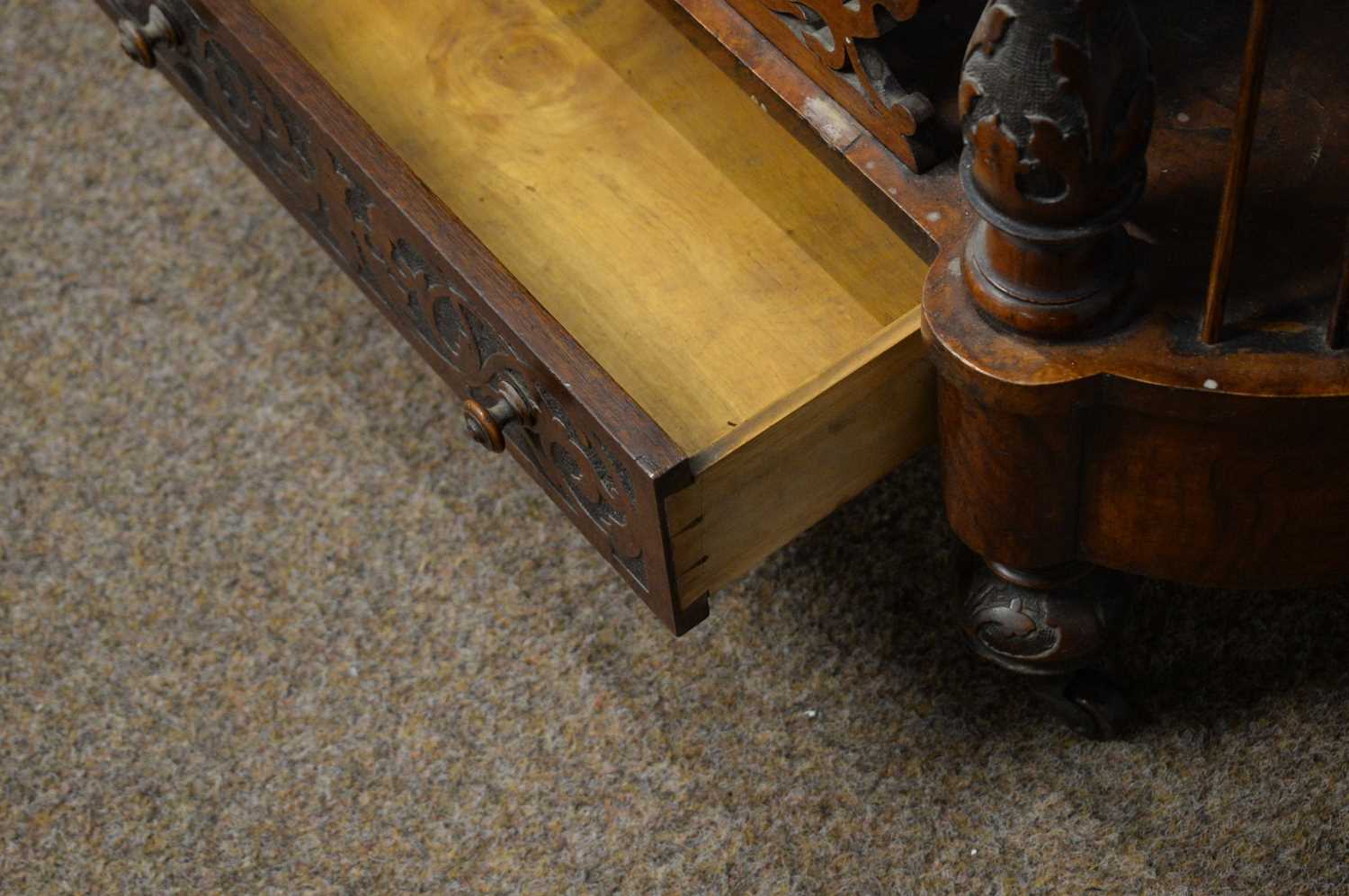 A Victorian walnut and burr walnut carved Canterbury. - Image 5 of 6