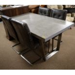 Grey marble effect dining table; and four leather-effect dining chairs.