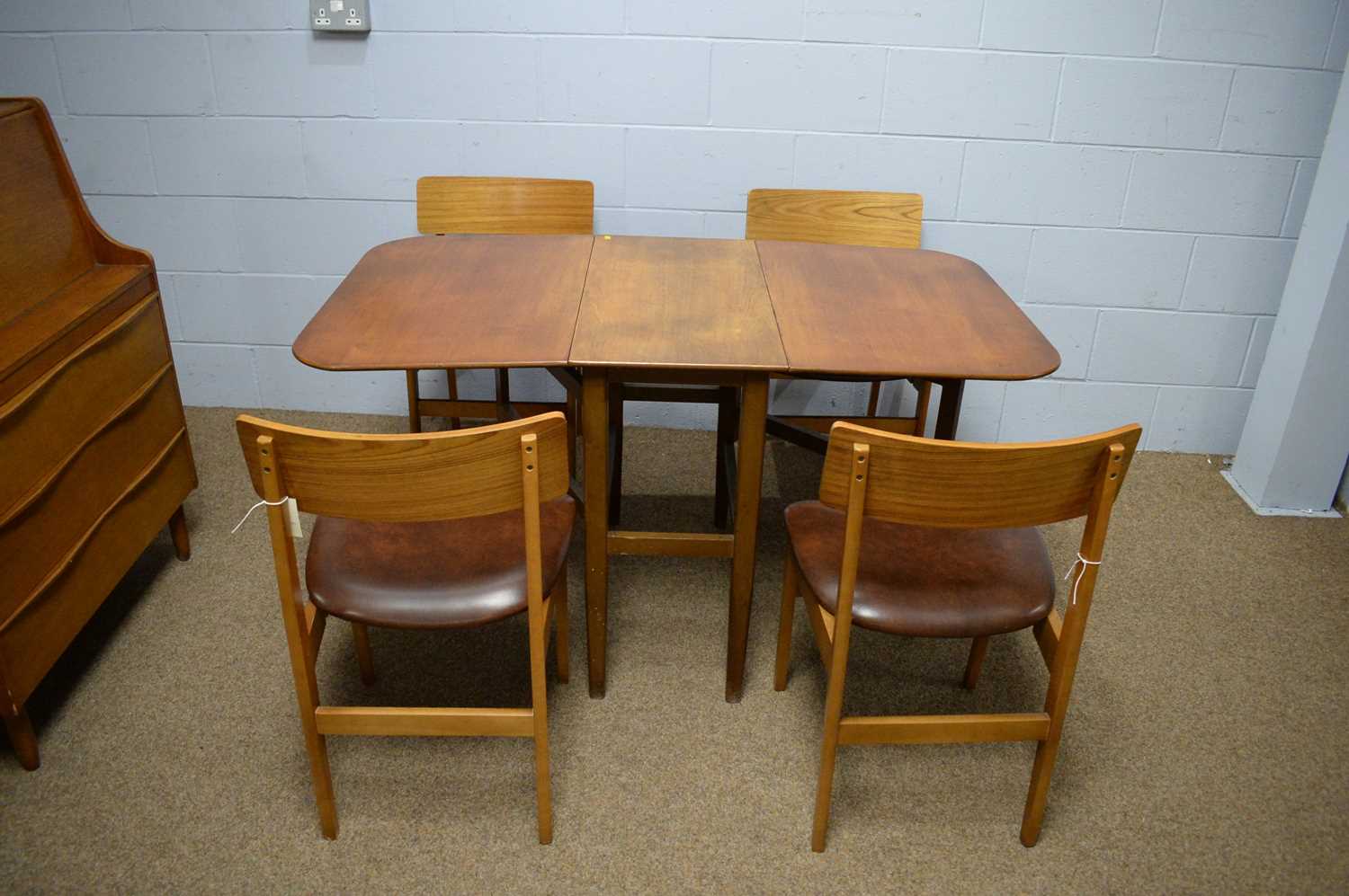 Mid Century teak writing bureau; dining table; and four chairs. - Image 6 of 7