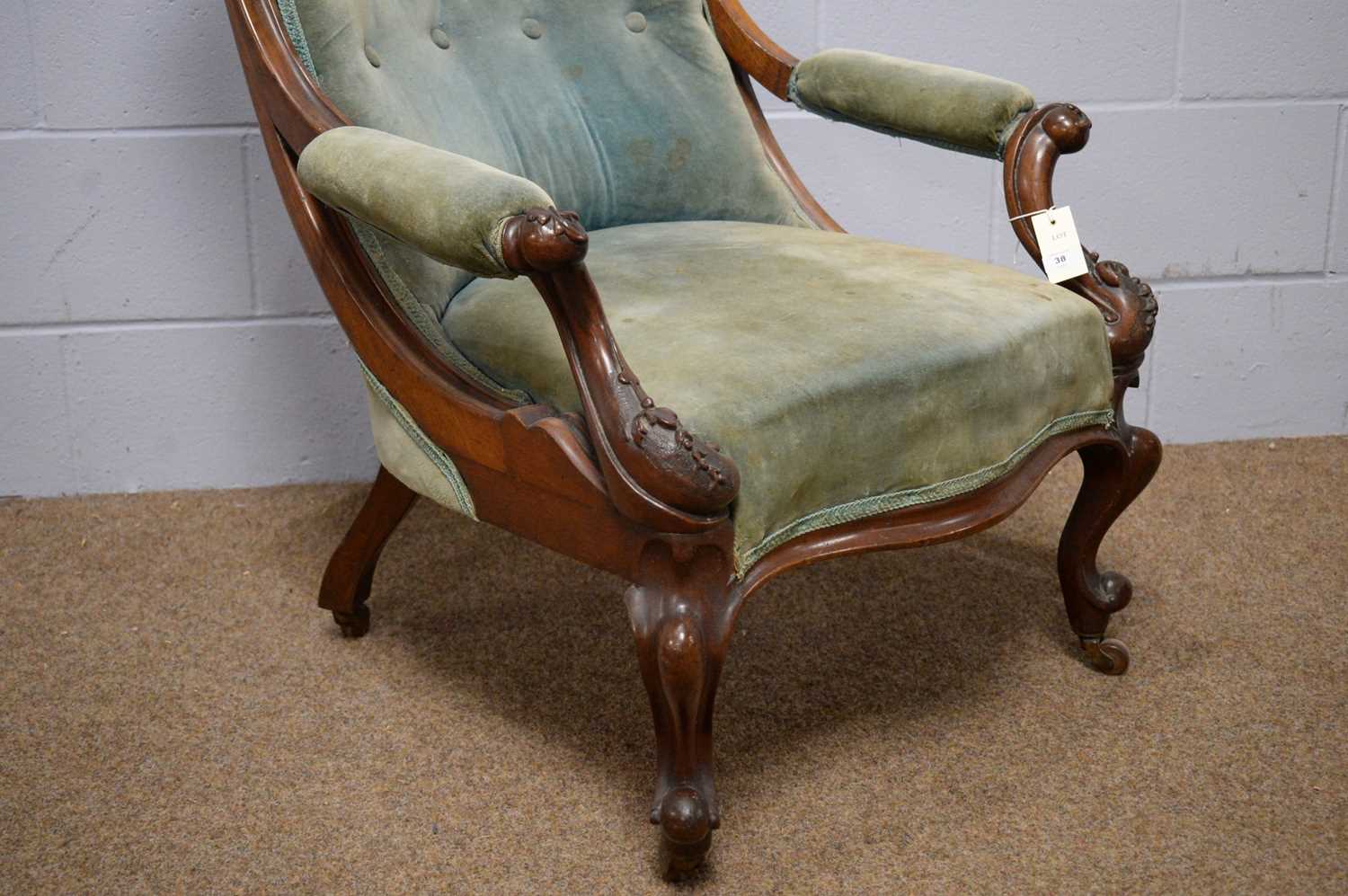 A Victorian carved mahogany and button back open armchair - Image 3 of 6