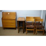 Mid Century teak writing bureau; dining table; and four chairs.