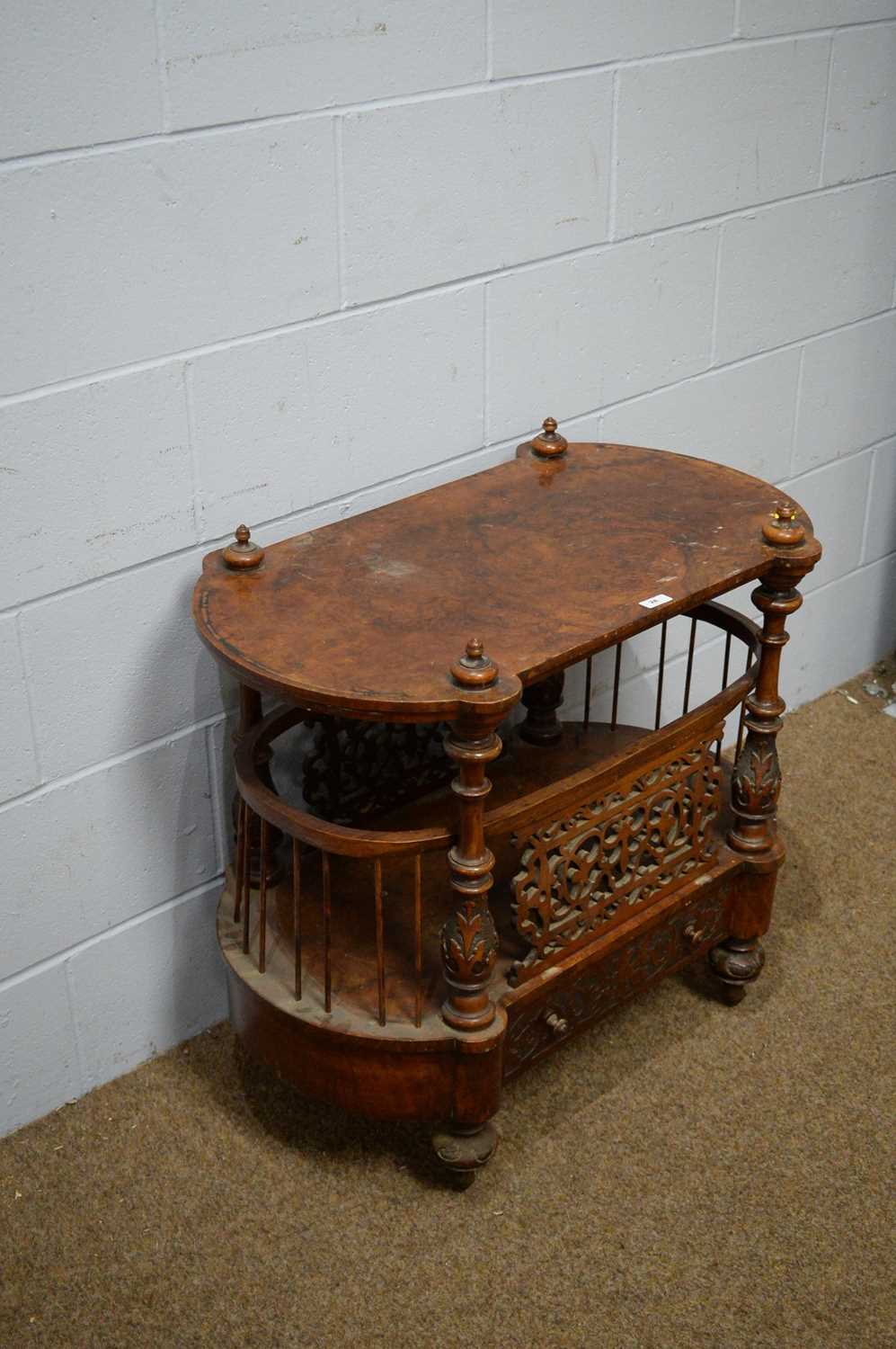 A Victorian walnut and burr walnut carved Canterbury. - Image 2 of 6