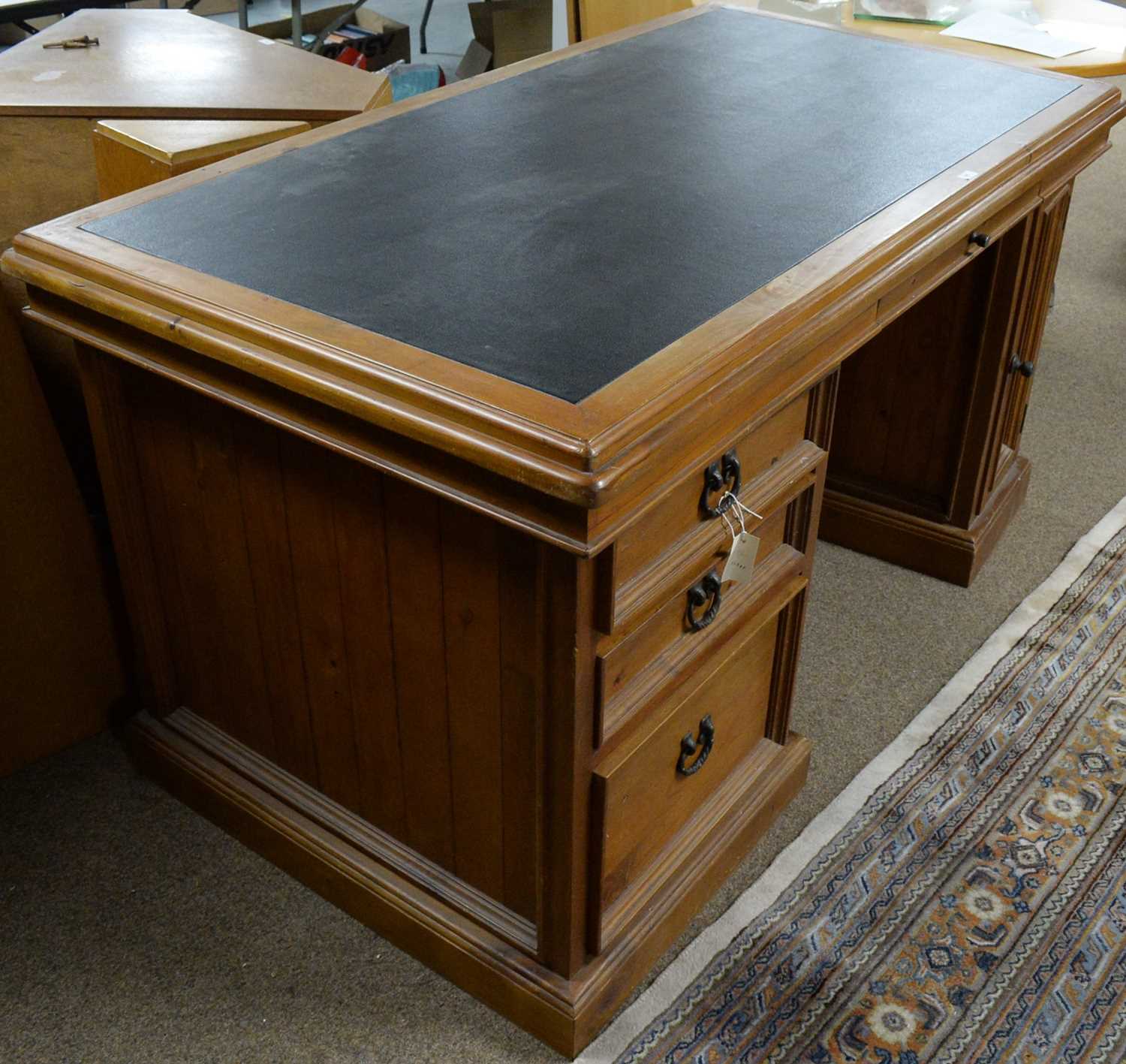 A modern stained pine pedestal desk - Image 2 of 5