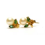 A cultured pearl and emerald earrings,
