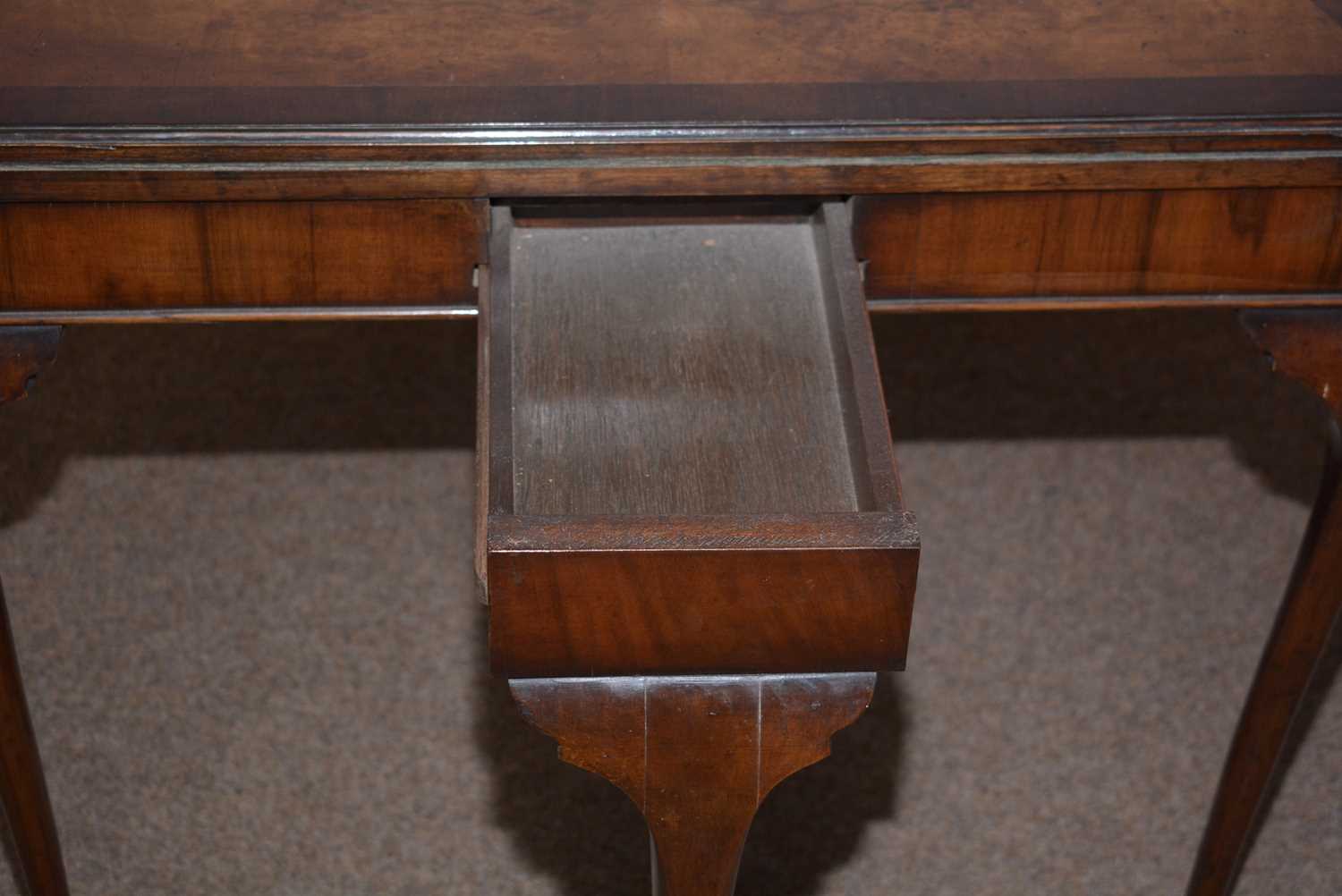 A mid 20th Century burr walnut and banded demilune card table. - Image 7 of 7