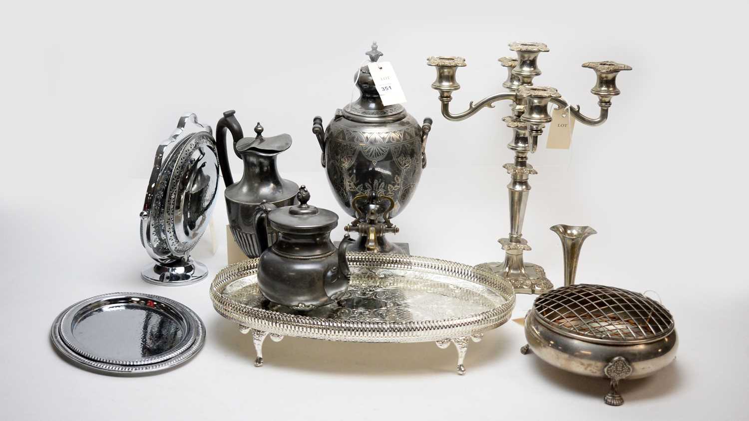 Antique silver-plated items including a Victorian tea urn.